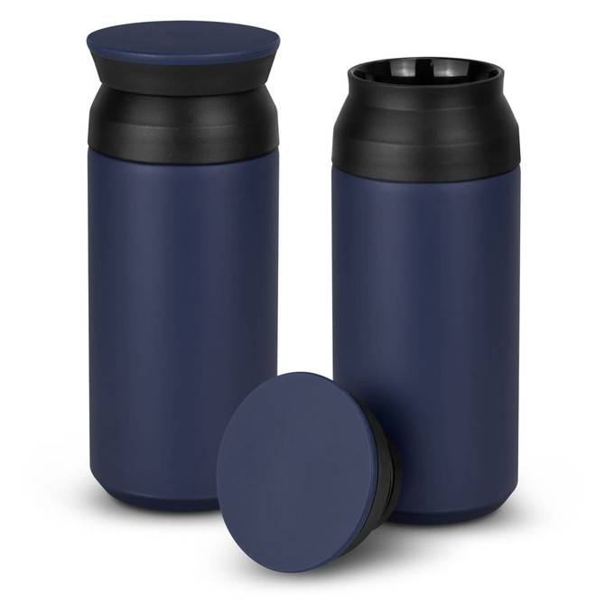 A drink bottle duo in navy blue with black lids, featuring a sleek design and a simple logo.