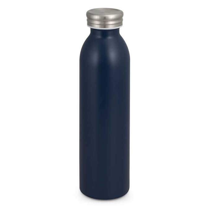 A navy blue drink bottle with a stainless steel lid and a smooth matte finish. It features a logo.
