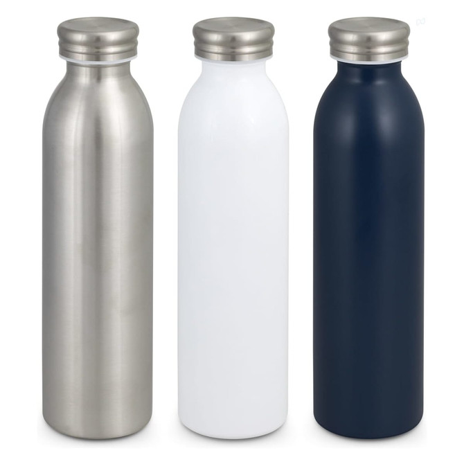 A drink bottle trio featuring stainless steel, matte white, and navy blue finishes, all with metallic caps.