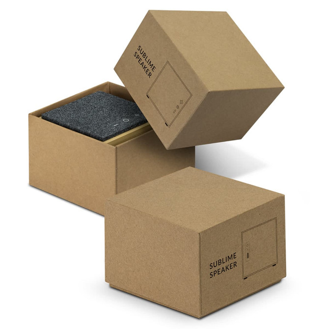 A grey Bluetooth speaker in a cardboard box, featuring a simple design with a logo on the side.