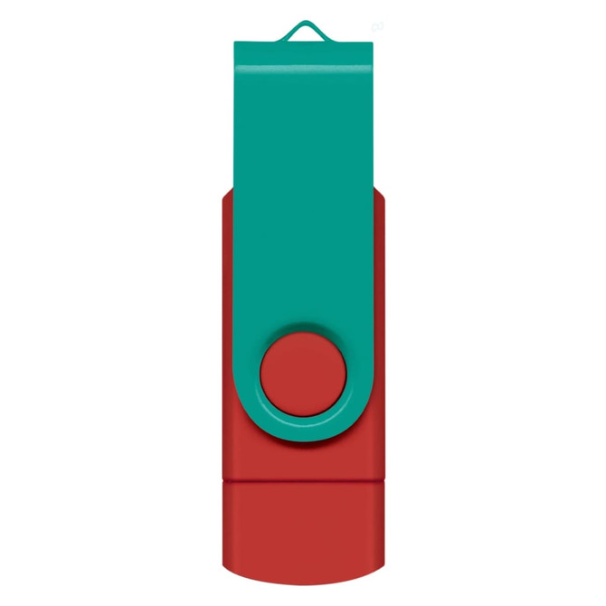 A dual flash drive featuring a teal cap and a red body, with a circular button and a loop for attachment.