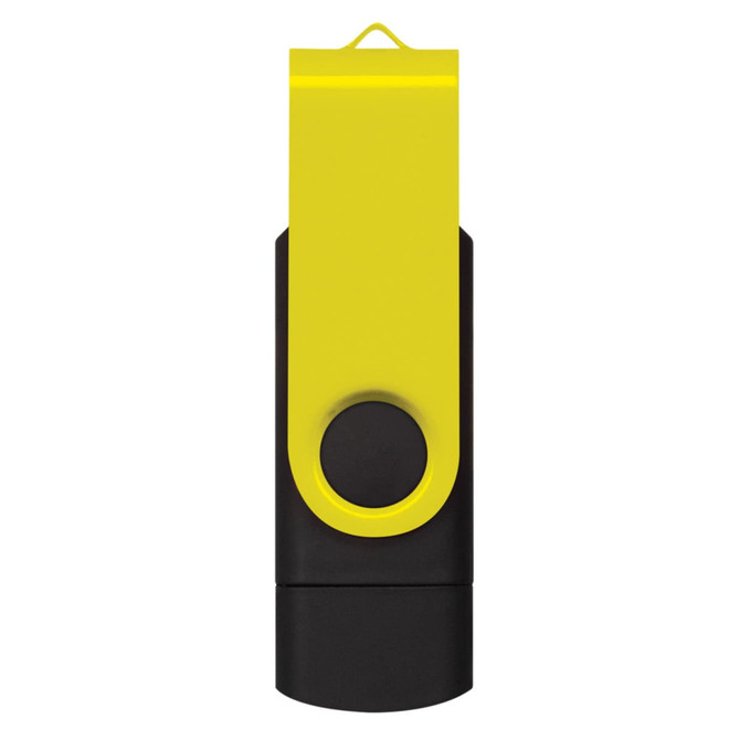 A dual flash drive featuring a black and bright yellow design, with a clip for easy attachment.