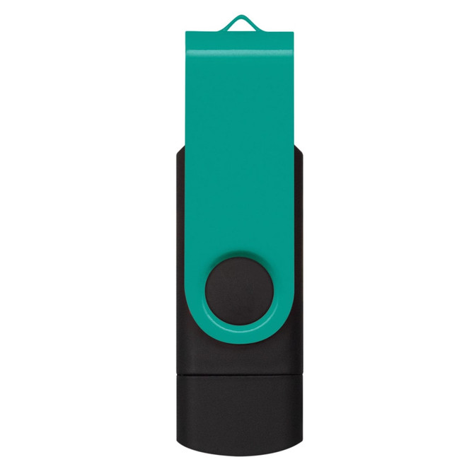 A dual flash drive in teal and black, featuring a swivel design and a circular button.