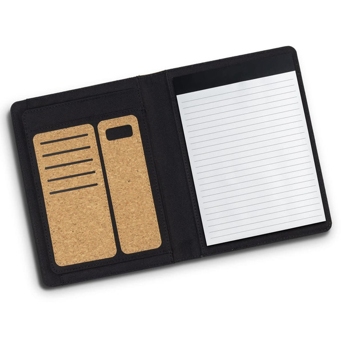 A black portfolio with cork detailing, featuring a notepad and two slots for cards or notes.