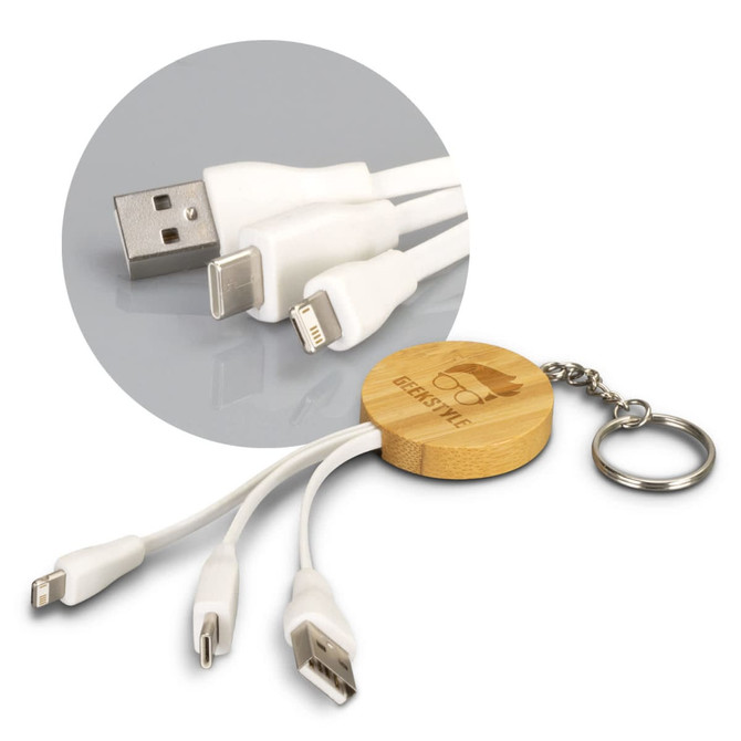 A round bamboo key ring with three charging cables: USB, Lightning, and micro USB, all in white.