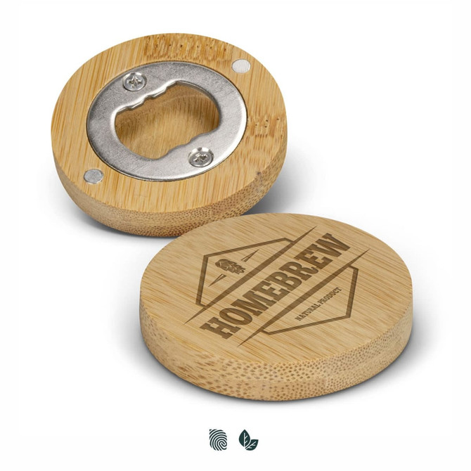 A drink bottle opener made of bamboo with a metal bottle opener and engraved design. It includes a logo.