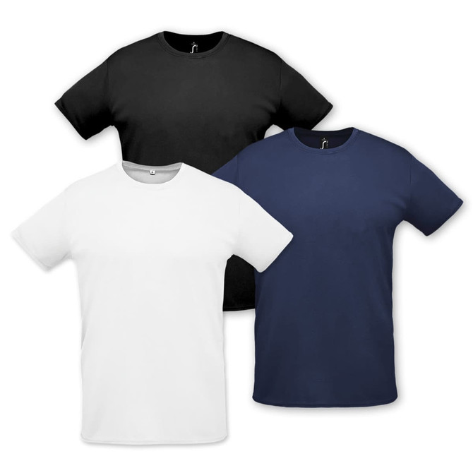 A collection of SOLS Sprint unisex T-shirts in black, white, and navy blue, featuring a logo on each shirt.