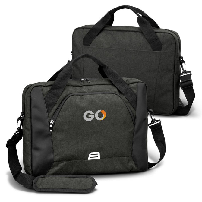 A green laptop bag with black straps and a logo, featuring two handles and a detachable shoulder strap.