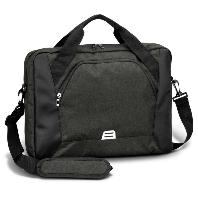 A dark green laptop bag with black accents and a shoulder strap, featuring a logo on the front.