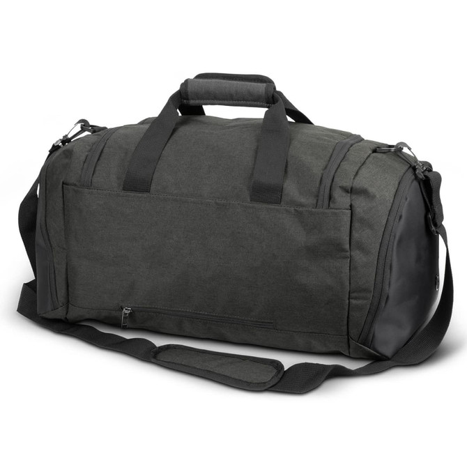 A dark green duffle bag with black accents, featuring sturdy handles and a detachable shoulder strap.