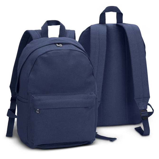 A navy canvas backpack with two shoulder straps and a front pocket, featuring a simple design and a logo.