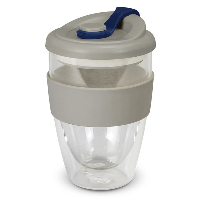 A drink bottle featuring a transparent body, grey silicone grip, and a blue lid. It includes a built-in strainer.