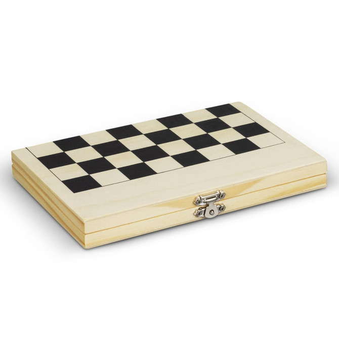 A wooden travel chess set with a black and white checkerboard design, featuring a clasp closure.