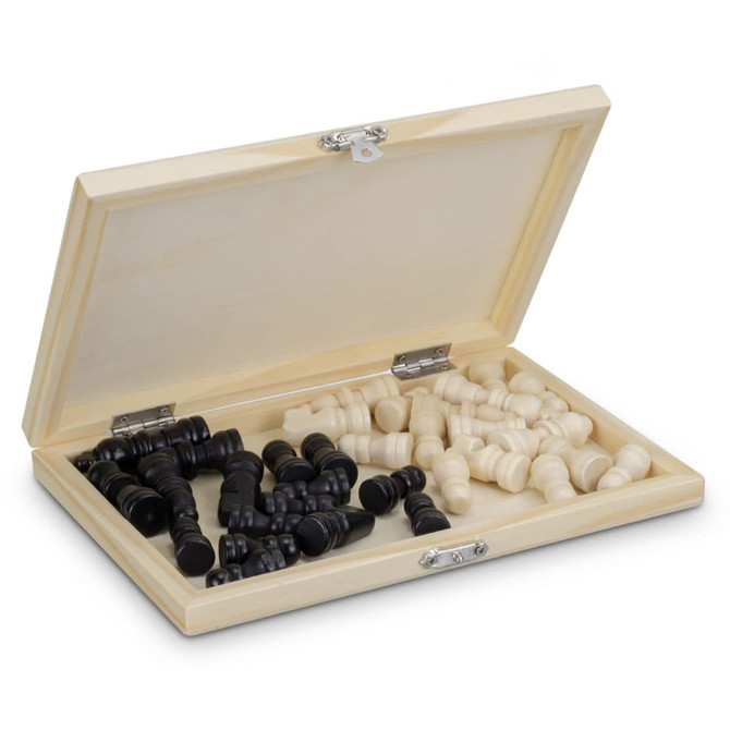 A travel chess set featuring black and white chess pieces inside a wooden storage box with a hinged lid.