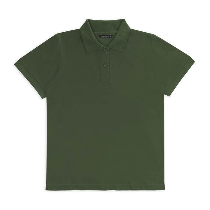 A dark green women's polo shirt with a collar and three-button placket, featuring a logo.