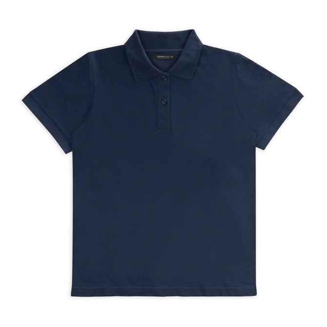 A navy polo shirt featuring a classic collar and three-button placket. It includes a logo on the front.