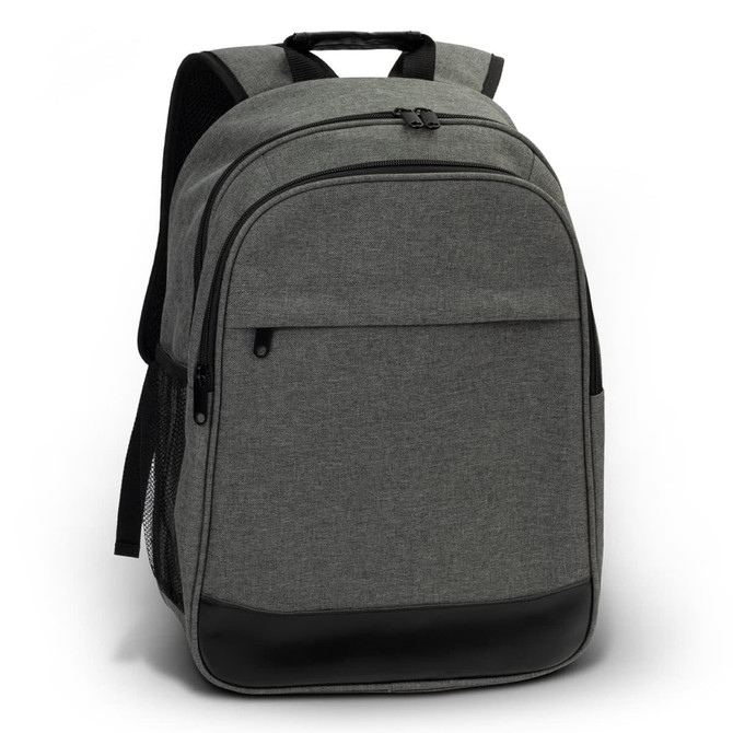 A grey backpack with a front pocket, mesh side pockets, and a black base. It features a logo on the front.
