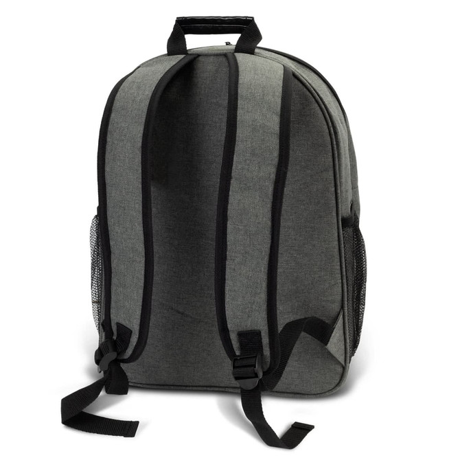 A grey backpack with black straps and mesh side pockets, featuring a sturdy top handle and a sleek design.