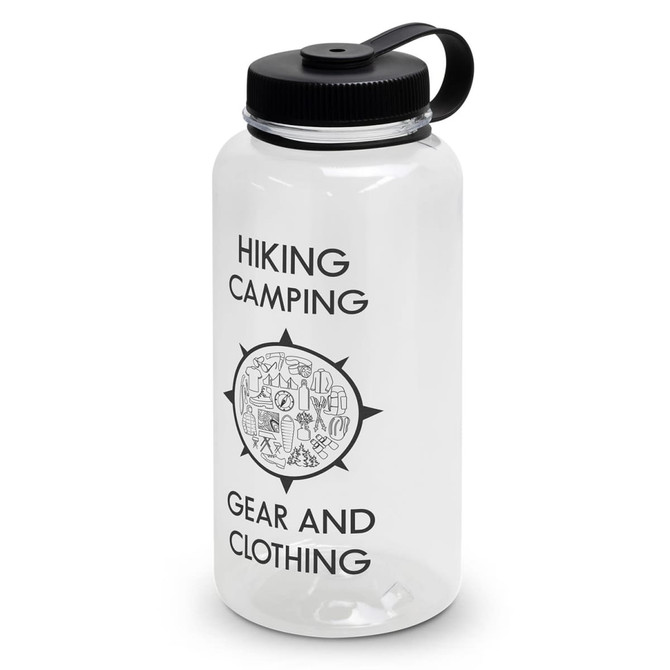 A drink bottle is clear with a black lid and a black handle, featuring a logo and outdoor-themed graphics.