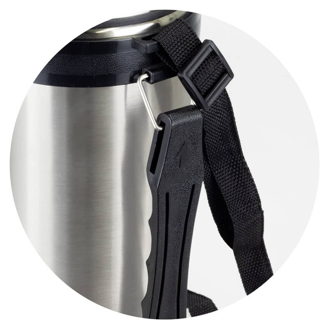 A drink bottle with a stainless steel body and a black strap attached, featuring a hook for easy carrying.