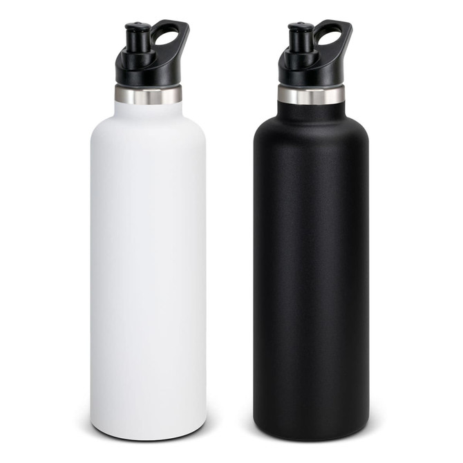 A drink bottle in matte black and white, featuring a cap with a spout and a stainless steel accent.
