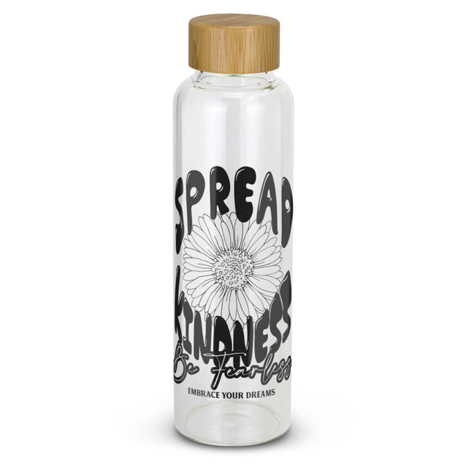 A drink bottle with a clear glass body and a bamboo lid, featuring a floral design and motivational text in black.