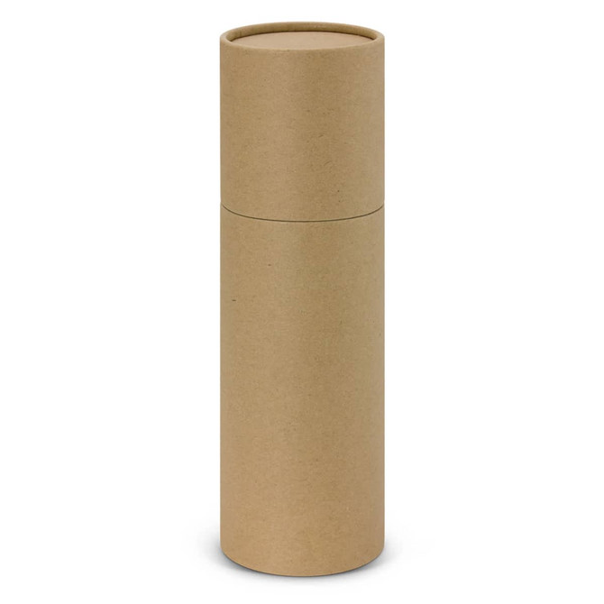 A drink bottle with a bamboo lid in a cylindrical kraft cardboard packaging. The bottle features a logo.