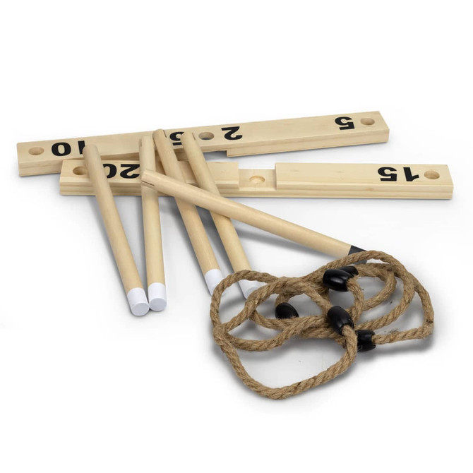 Wooden stakes and rings in natural colour with black markings for a Ring Toss Game, featuring a logo.