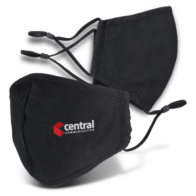 A pair of black face masks with adjustable ear straps and a logo on one mask.