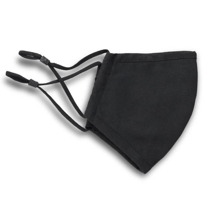 A Luxe Face Mask in black with adjustable ear straps for a secure fit. Features a simplistic design and includes a logo.