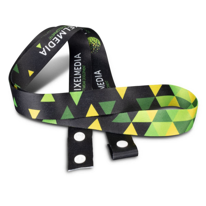 A mask lanyard featuring a black background with green and yellow triangle patterns, including a logo.
