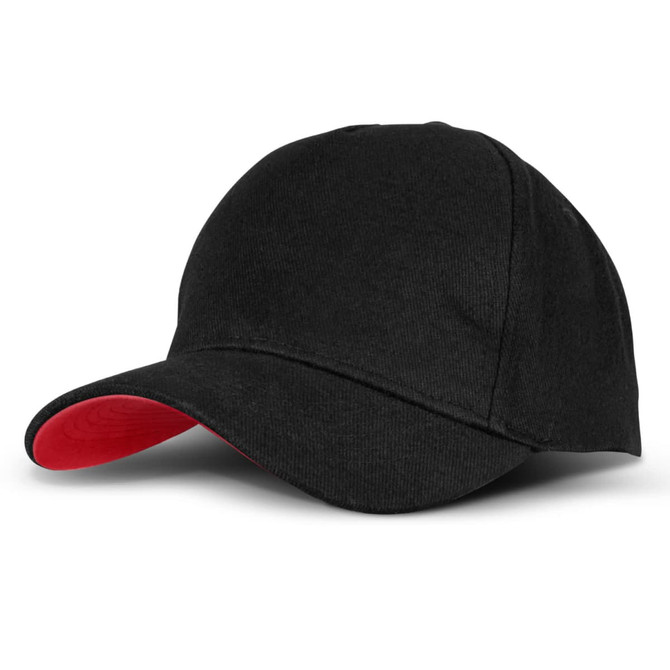 A black cap with a red underside on the brim and a logo present on the front.