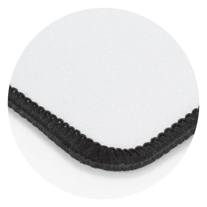 A deluxe mouse mat featuring a white surface and a black stitched border. It has a logo in the corner.