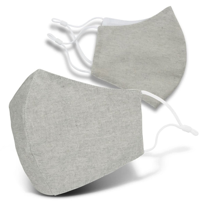 Two light grey linen face masks with adjustable ear straps, featuring a subtle texture and streamlined shape.