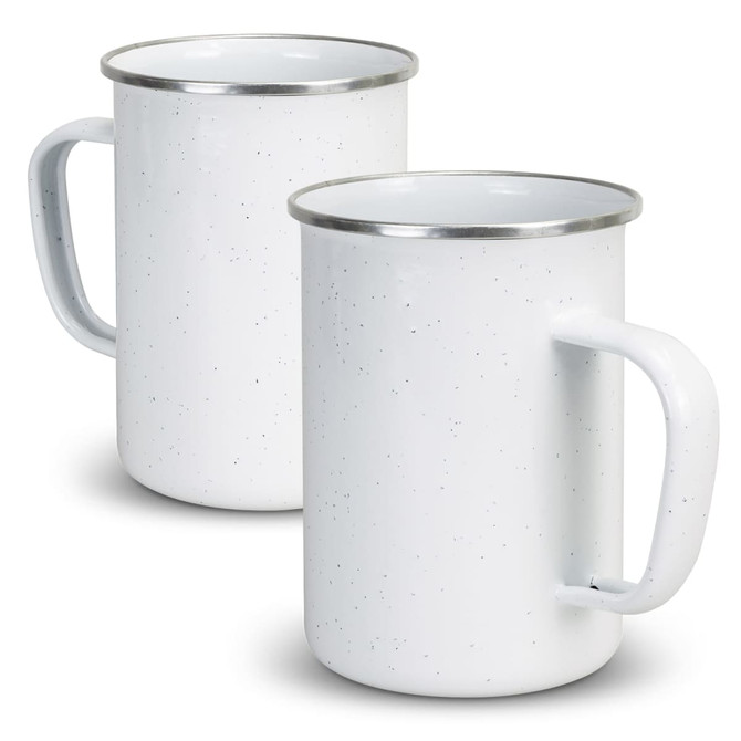A drink mug set in white with a speckled design and metallic rim, featuring a sturdy handle.