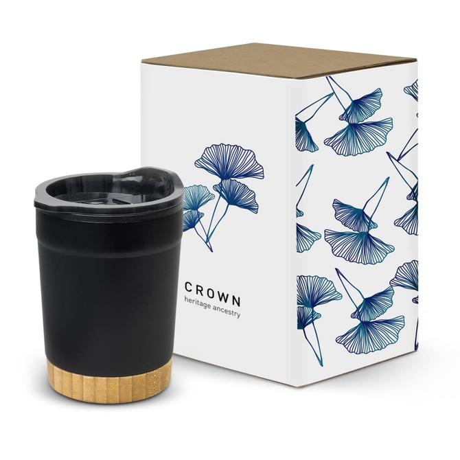 A double wall cup in black with a textured gold base, accompanied by a decorative box featuring a floral design.