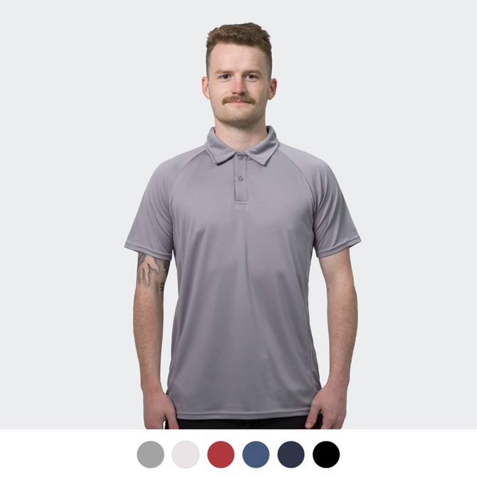 A grey men's polo shirt displayed on a model, featuring a collar and a logo. Available in multiple colours.