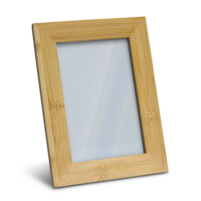 A wooden photo frame in a light bamboo finish with a rectangular shape and a glass front.