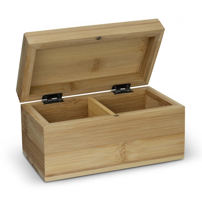 A bamboo tea box with a hinged lid and two compartments. It features a natural bamboo finish and a metallic hinge.