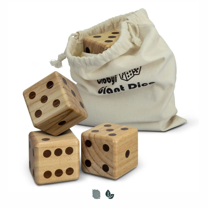 A set of three wooden yard dice with dots, presented alongside a cream drawstring bag.