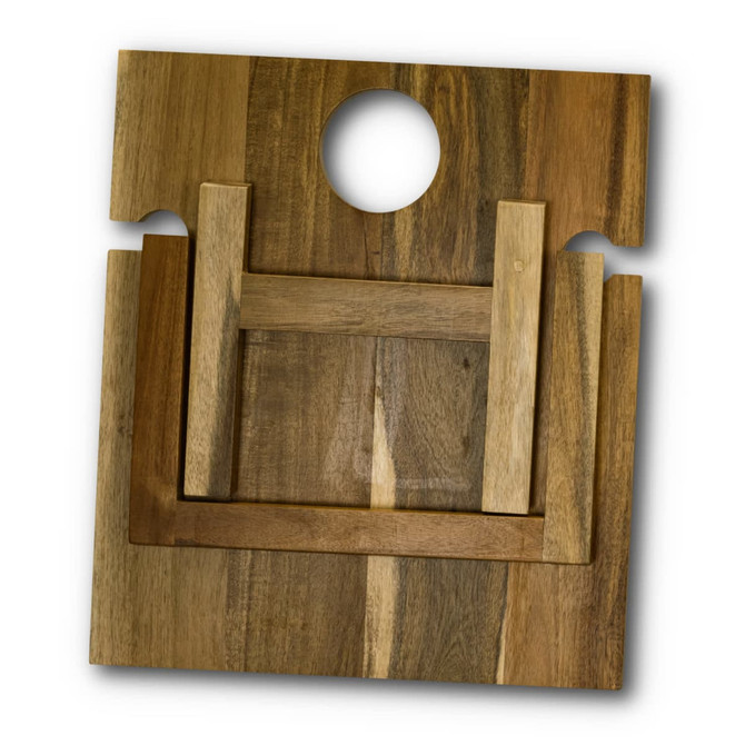 A wooden folding wine table in natural tones with a circular cutout and a logo.