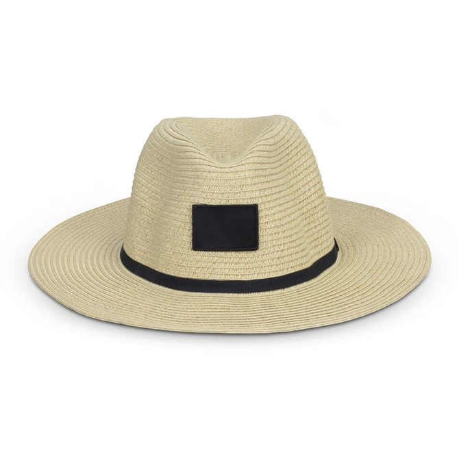 A beige wide-brim hat with a black band and an attached logo.