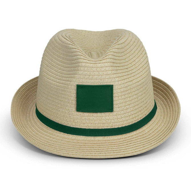 A tan fedora hat featuring a green band and a square patch area for branding.