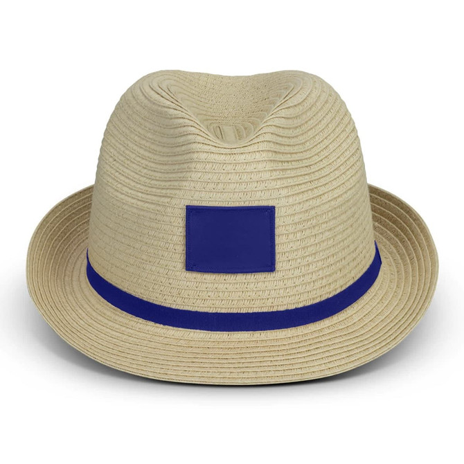 A light beige fedora hat featuring a blue band and a blank area for branding. The texture is ribbed.