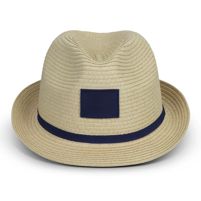 A straw fedora hat in beige, featuring a navy blue ribbon band and a solid patch area on the front.