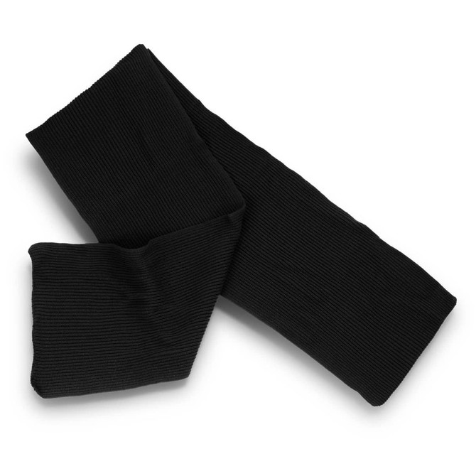 A black ribbed Denali Scarf, featuring a soft texture and a simple design. It includes a branding logo.