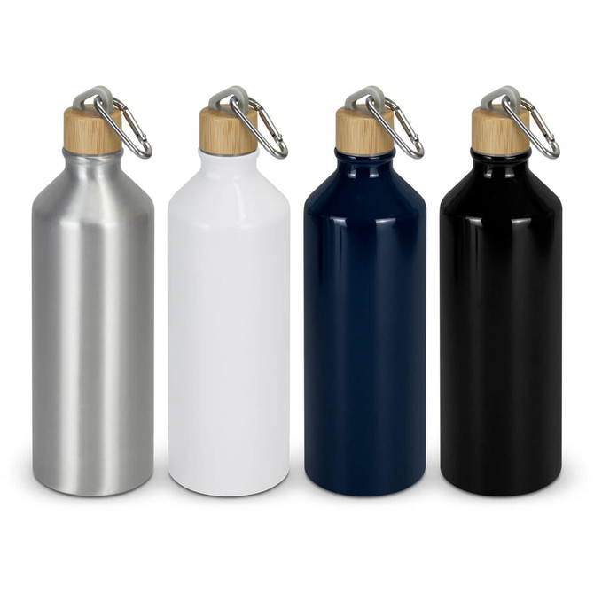 A drink bottle collection featuring silver, white, navy blue, and black aluminium bottles with wooden caps and carabiners.