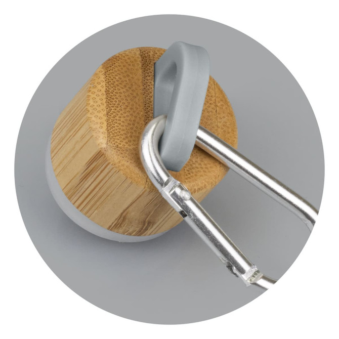 A drink bottle with a bamboo base and a grey carabiner, featuring a round design. The bottle has a metallic finish.