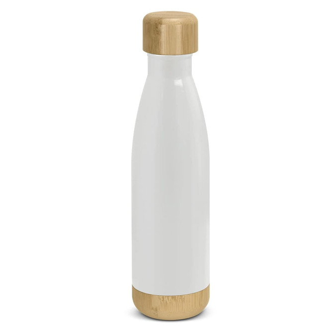 A drink bottle featuring a sleek white design with bamboo accents on the top and bottom. It has a logo.