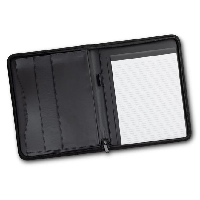 A black leather portfolio with sections for cards and a lined notepad inside. It features a sleek design and a logo.